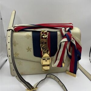 Gucci Textured Calfskin Bee Star Print Small Sylvie Shoulder Bag Mystic $3000